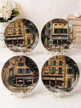 222 FIFTH French Cafes Plate Set of 4 Decorative French Country Fine China NIB